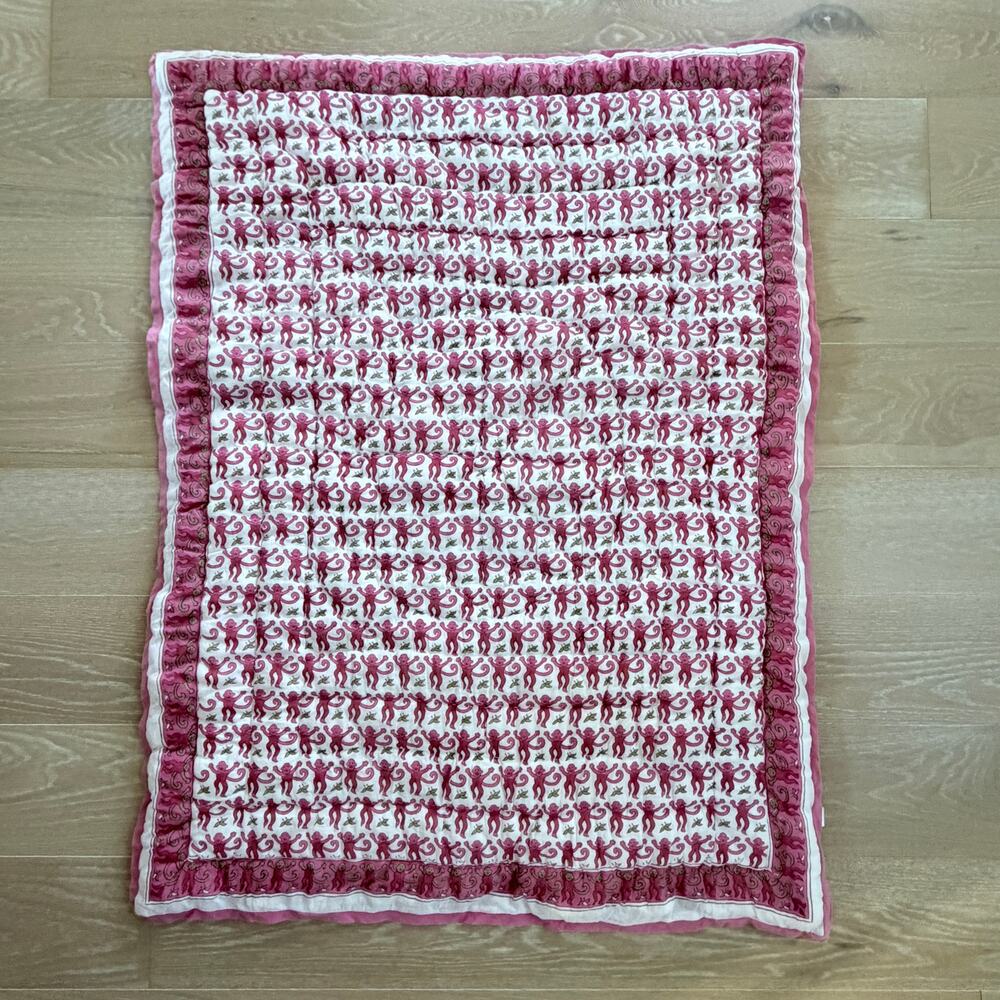 Roller Rabbit Pink Monkey Baby Quilt Blanket